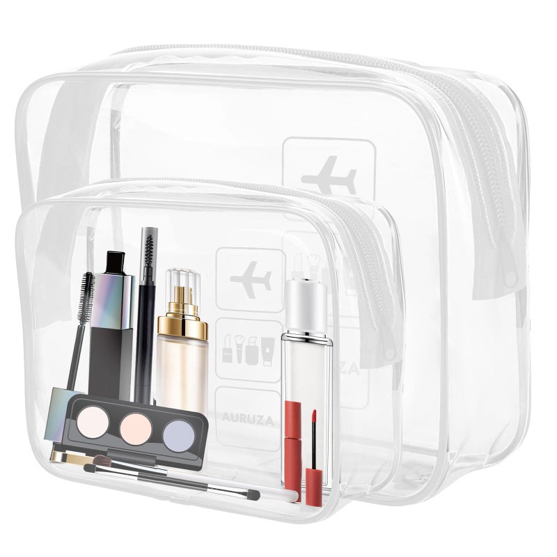 AURUZA 2 Pack Travel Toiletry Bag, Clear Makeup Bag, TSA Approved Cosmetic Bag with Zipper, Clear Organizer Carry on Bag for Women, PVC Cosmetic Pouch - Image 1