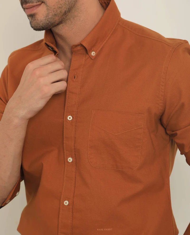 Rare Rabbit Rare Rabbit Men's Auxfo Rust Cotton Fabric Full Sleeves Solid Shirt