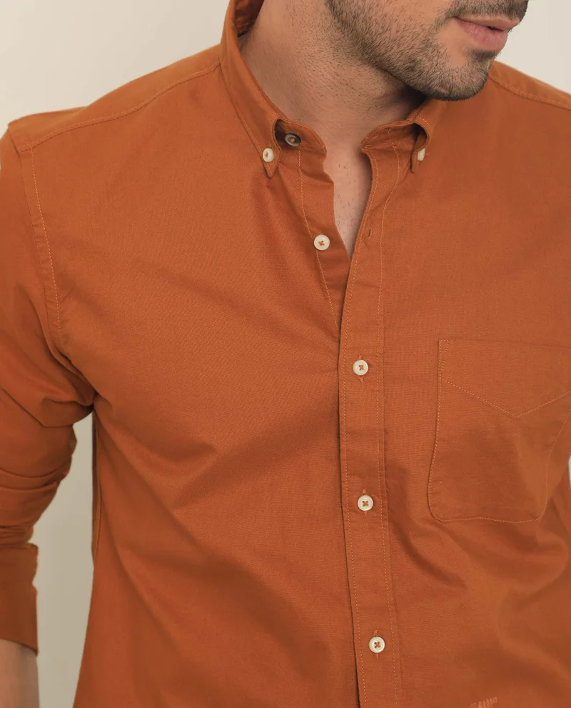 Rare Rabbit Rare Rabbit Men's Auxfo Rust Cotton Fabric Full Sleeves Solid Shirt