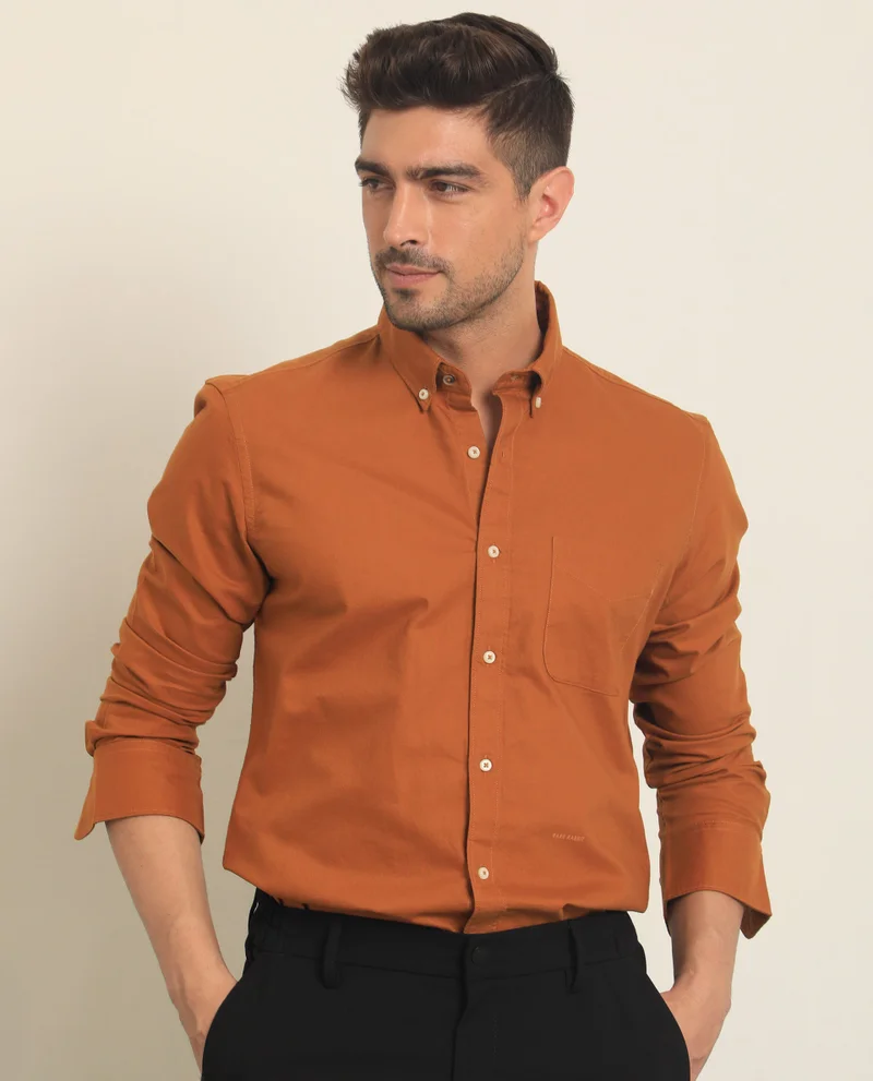 Rare Rabbit Rare Rabbit Men's Auxfo Rust Cotton Fabric Full Sleeves Solid Shirt