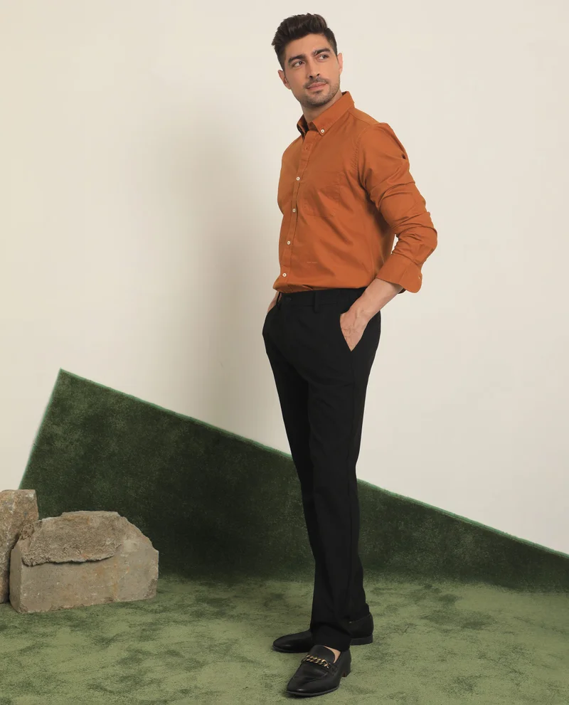 Rare Rabbit Rare Rabbit Men's Auxfo Rust Cotton Fabric Full Sleeves Solid Shirt