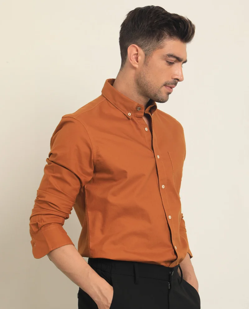 Rare Rabbit Rare Rabbit Men's Auxfo Rust Cotton Fabric Full Sleeves Solid Shirt