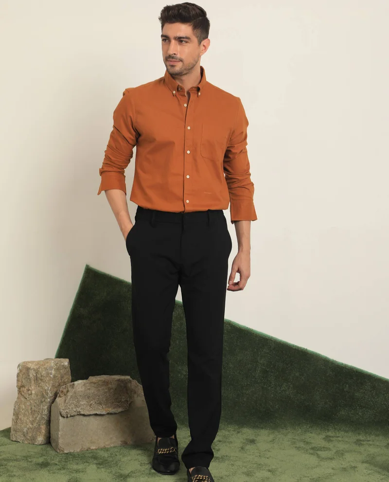 Rare Rabbit Rare Rabbit Men's Auxfo Rust Cotton Fabric Full Sleeves Solid Shirt