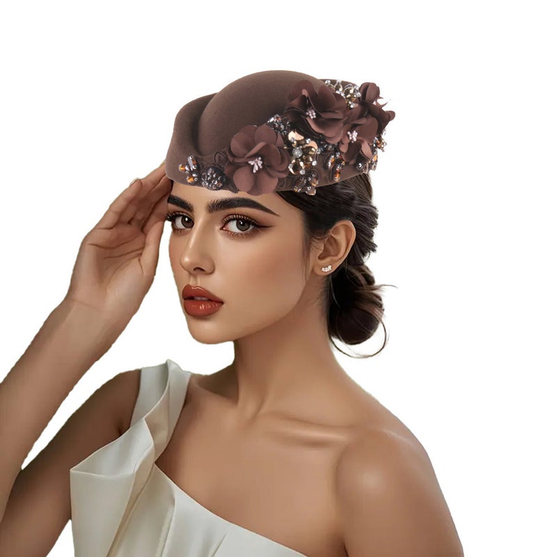 New Turban Cap Side Organza Feather Floral Melon Hat - Image 1