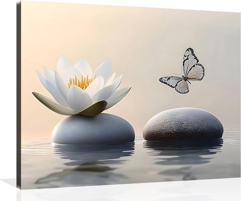 OWNANRTHM Zen Lotus Canvas Wall Art with Butterfly - Image 1