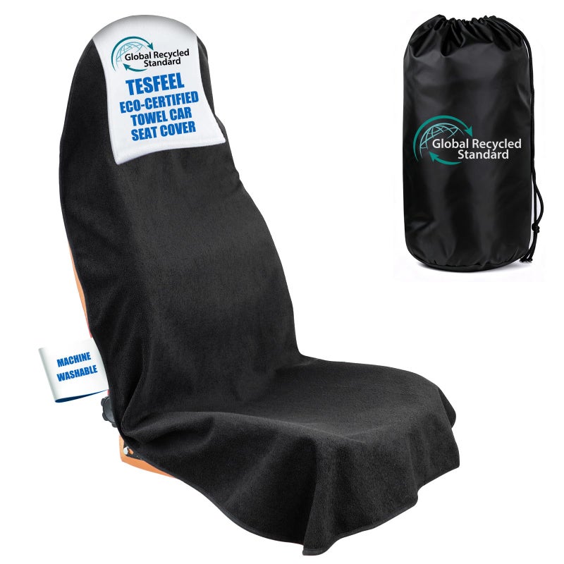 TESFEEL 550g Heavy Duty Towel Car Seat Cover Waterproof Sweat Protector for PostGym Beach NonSlip Microfiber Bucket Seat Mat for Sedans SUV Minivans Machine Washable Black 1Pack - Image 2