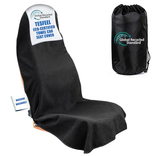 TESFEEL 550g Heavy Duty Towel Car Seat Cover Waterproof Sweat Protector for PostGym Beach NonSlip Microfiber Bucket Seat Mat for Sedans SUV Minivans Machine Washable Black 1Pack - Image 1