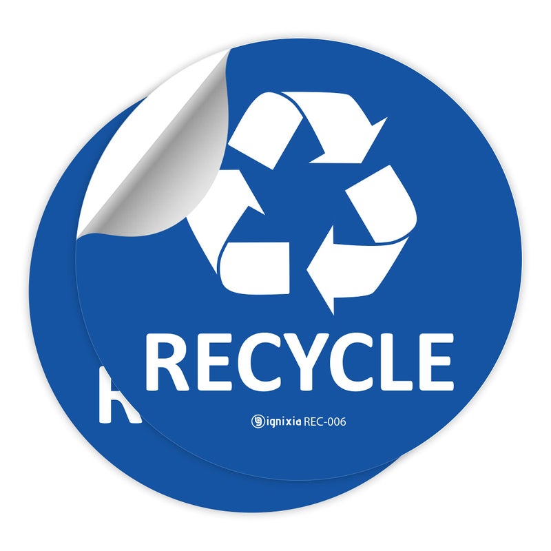 IGNIXIA Recycle Stickers for Trash Can 6x6 Inches Large Pack of 2 Recycle Decals for Recycle Bins Waterproof UV Protected Recycling Stickers for Trash Can Indoor Outdoor Blue