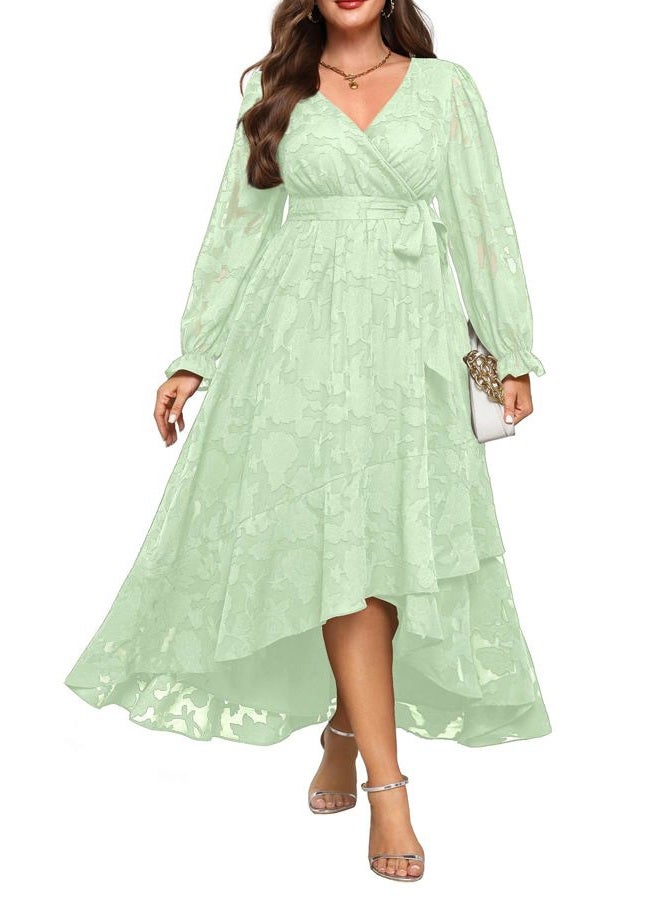 Talisea Plus Size Dresses Wedding Guest - Fall Semi Formal Floral Long Sleeve Wrap V Neck High Low Maxi Dress with Belt Women, Sage Green, 14 Plus - Image 1