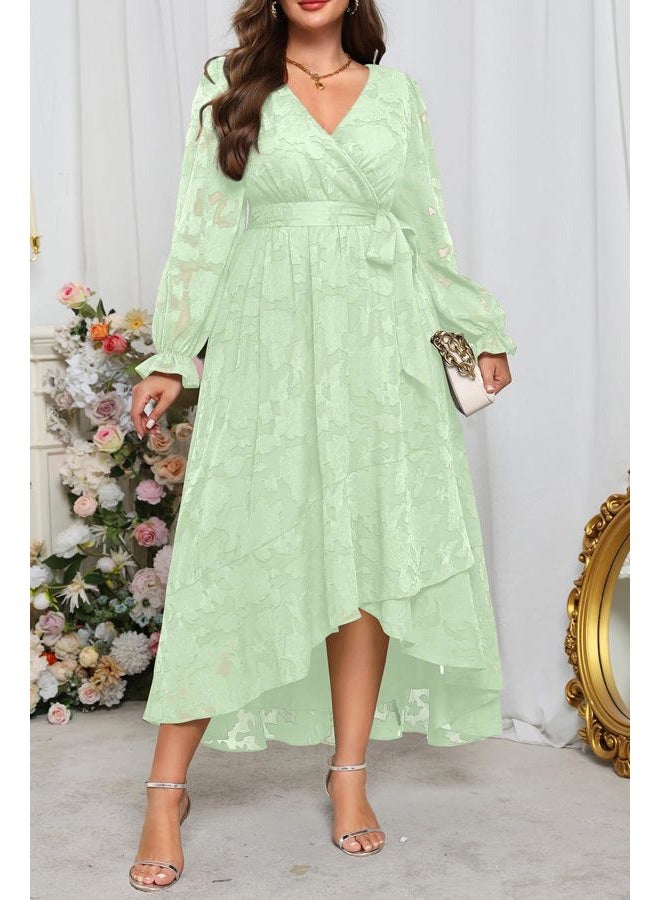 Talisea Plus Size Dresses Wedding Guest - Fall Semi Formal Floral Long Sleeve Wrap V Neck High Low Maxi Dress with Belt Women, Sage Green, 14 Plus - Image 3