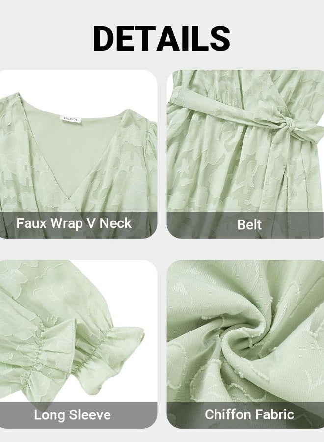 Talisea Plus Size Dresses Wedding Guest - Fall Semi Formal Floral Long Sleeve Wrap V Neck High Low Maxi Dress with Belt Women, Sage Green, 14 Plus - Image 5