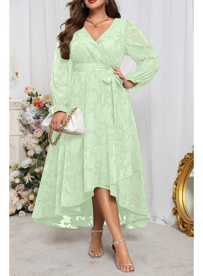 Talisea Plus Size Dresses Wedding Guest - Fall Semi Formal Floral Long Sleeve Wrap V Neck High Low Maxi Dress with Belt Women, Sage Green, 14 Plus - Image 2