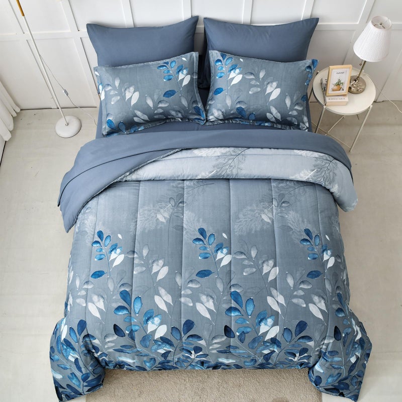 Anibedding Blue Comforter Set Queen Size 7 Piece Navy Botanical Gradient Leaves Ultra Soft Microfiber Down Alternative Bedding Set Lightweight Reversible Bed Comforter Set for All Season 90" x 90" - Image 3