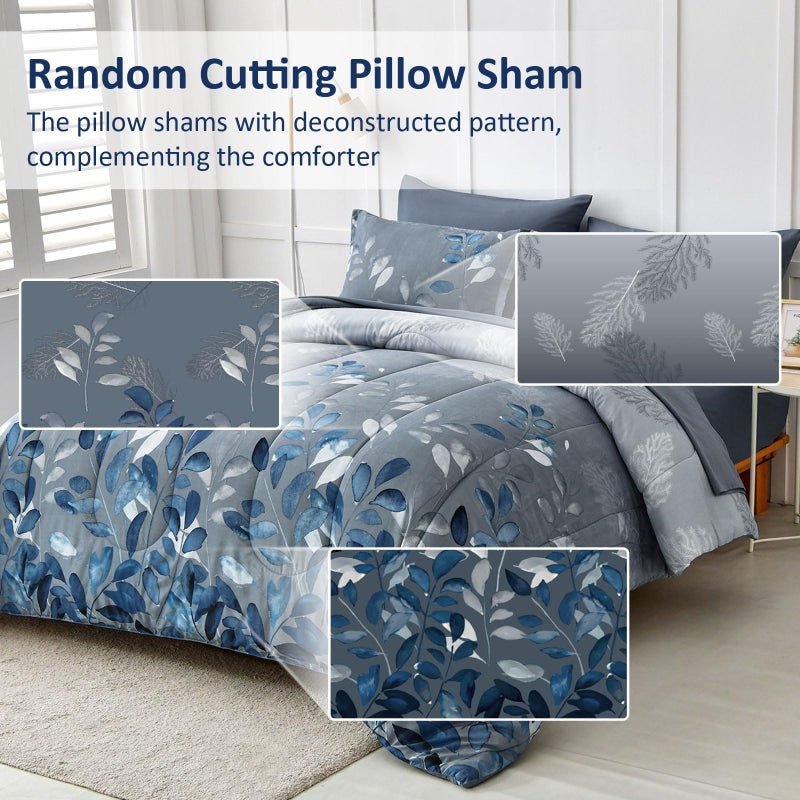 Anibedding Blue Comforter Set Queen Size 7 Piece Navy Botanical Gradient Leaves Ultra Soft Microfiber Down Alternative Bedding Set Lightweight Reversible Bed Comforter Set for All Season 90" x 90" - Image 4