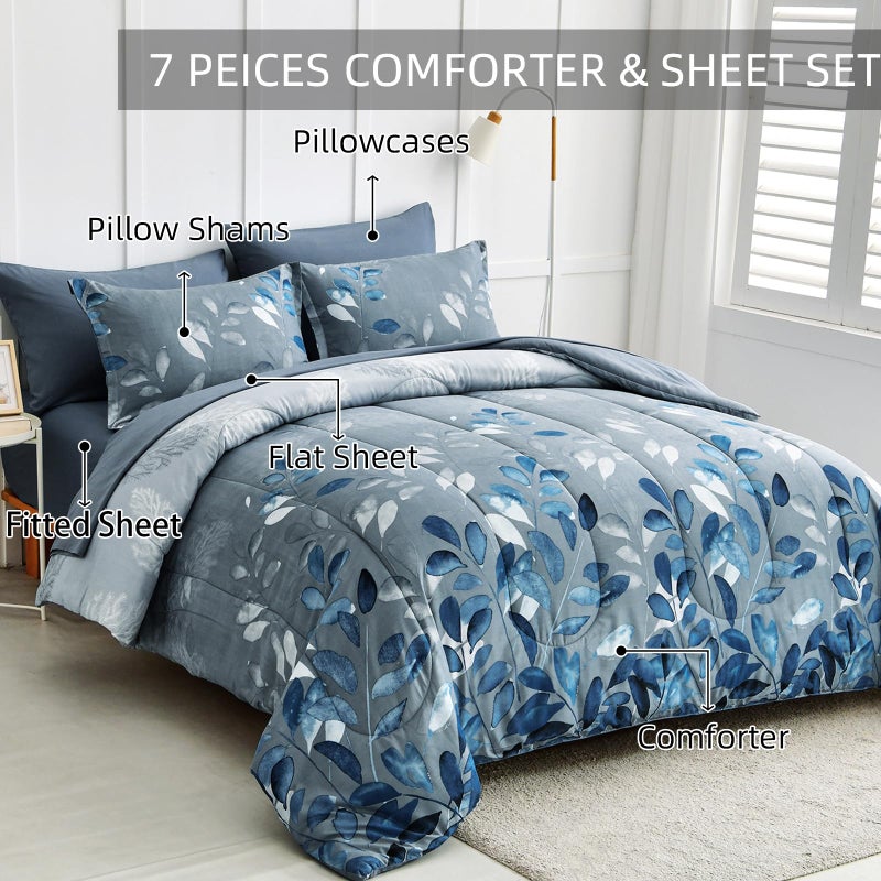 Anibedding Blue Comforter Set Queen Size 7 Piece Navy Botanical Gradient Leaves Ultra Soft Microfiber Down Alternative Bedding Set Lightweight Reversible Bed Comforter Set for All Season 90" x 90" - Image 2