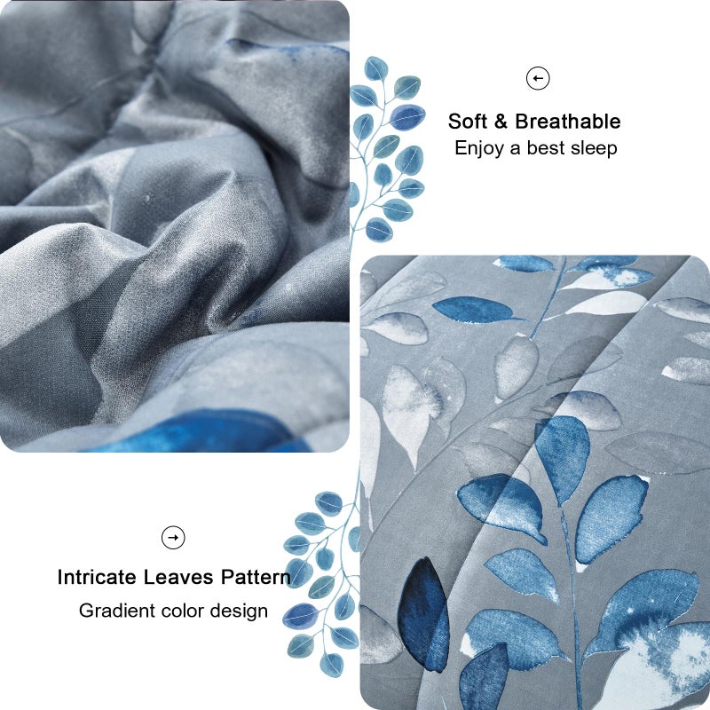 Anibedding Blue Comforter Set Queen Size 7 Piece Navy Botanical Gradient Leaves Ultra Soft Microfiber Down Alternative Bedding Set Lightweight Reversible Bed Comforter Set for All Season 90" x 90" - Image 5