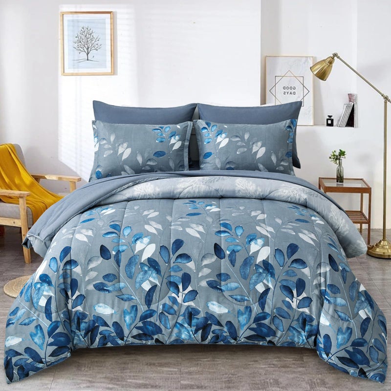 Anibedding Blue Comforter Set Queen Size 7 Piece Navy Botanical Gradient Leaves Ultra Soft Microfiber Down Alternative Bedding Set Lightweight Reversible Bed Comforter Set for All Season 90" x 90" - Image 1