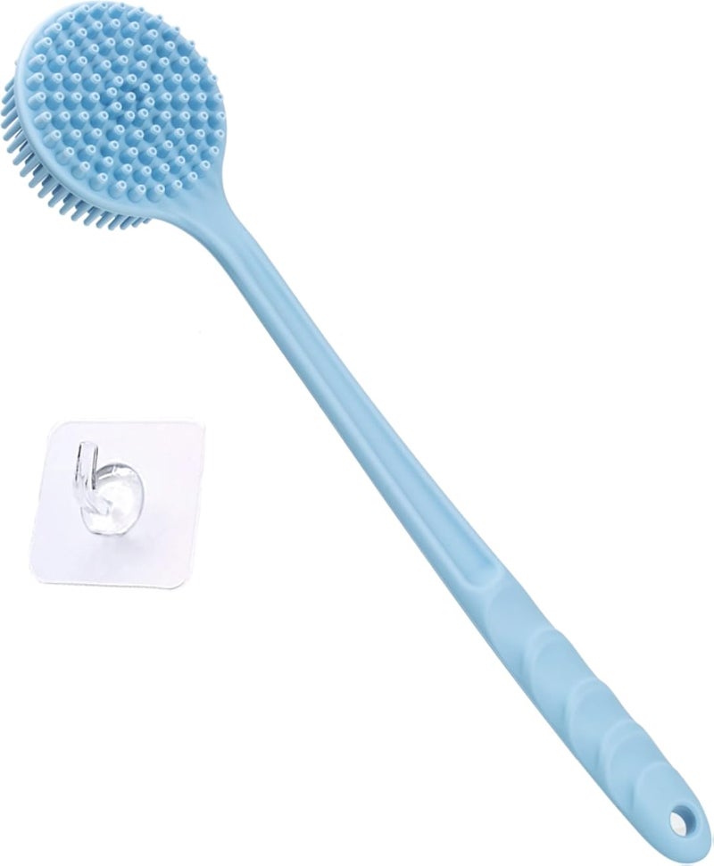 Silicone Back Scrubber, Long Handle Soft Bristles Bath Brush with Massage Beads, Body Shower Washing Brush Wet or Dry Cleaning Spa Brushing for Men and Women, 14.8 x 3.3 inches (Light Blue)
