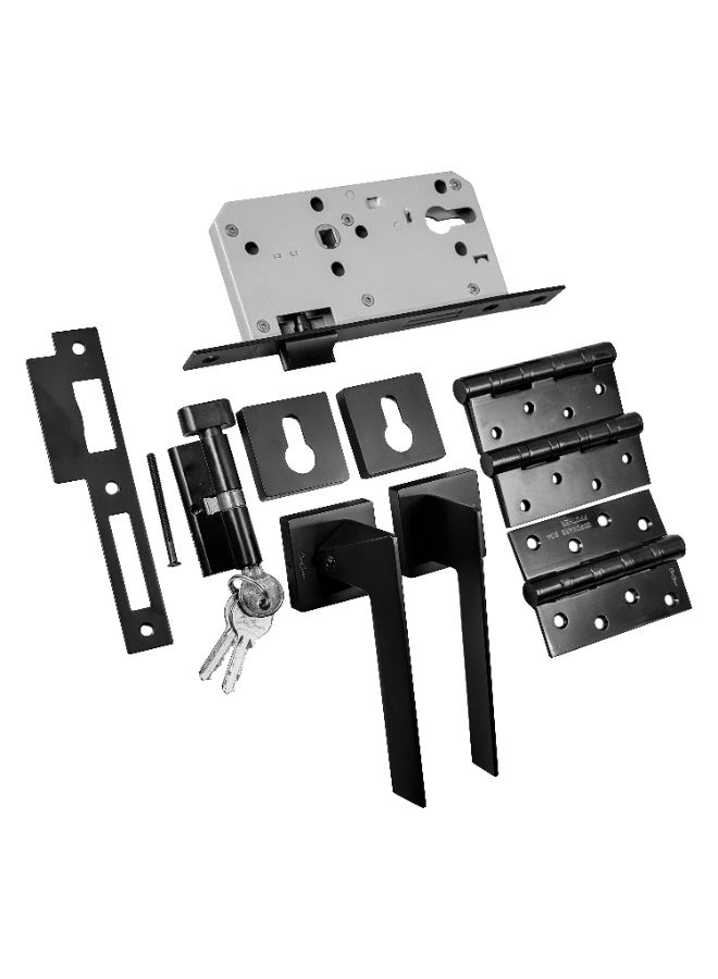 CINCINNO Vitae Premium Zinc Door Lock Set – Complete Door Handle Kit with Lock Body, Cylinder, Hinges, Escutcheon, Striker Plate, Keys – Secure & Stylish for Home and Office Doors (Matt Black) - Image 1