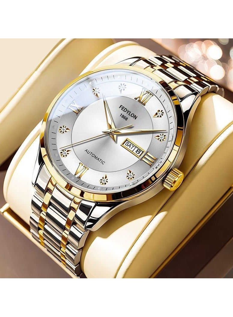 Fedylon FEDYLON Men’s Two-Tone Business Quartz Watch – White Dial, Dual Calendar, Luminous Hands, 30M Waterproof, Roman Numerals, Stainless Steel Look Wristwatch - Image 1