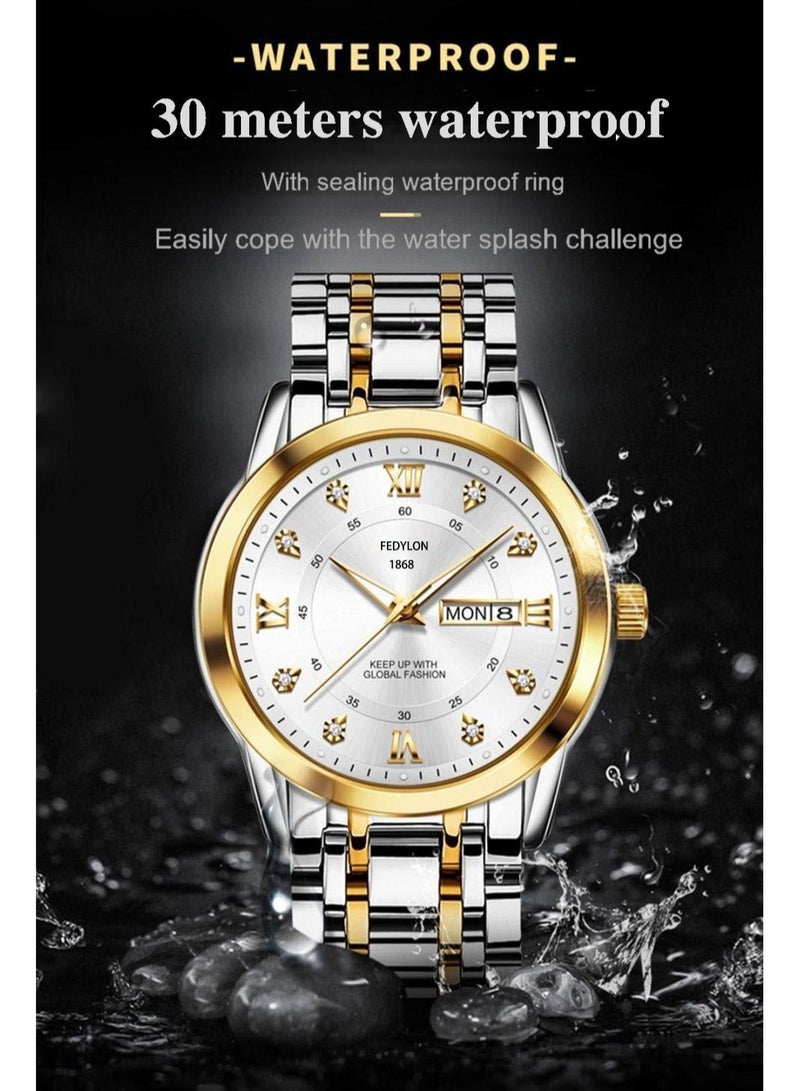 Fedylon FEDYLON Men’s Two-Tone Business Quartz Watch – White Dial, Dual Calendar, Luminous Hands, 30M Waterproof, Roman Numerals, Stainless Steel Look Wristwatch - Image 3
