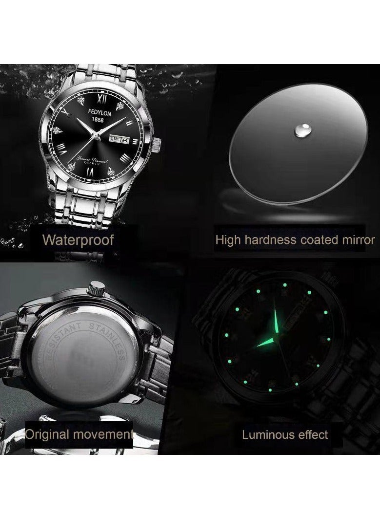 Fedylon FEDYLON Men’s Two-Tone Business Quartz Watch – White Dial, Dual Calendar, Luminous Hands, 30M Waterproof, Roman Numerals, Stainless Steel Look Wristwatch - Image 4