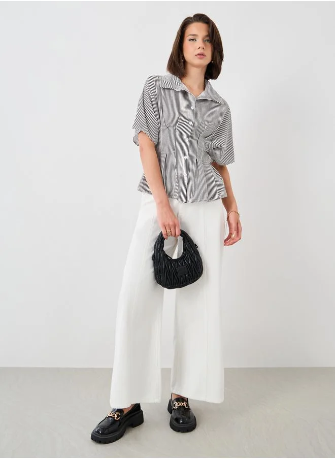 تايك تو Take Two Striped Buttoned Shirt with Pleated Detail