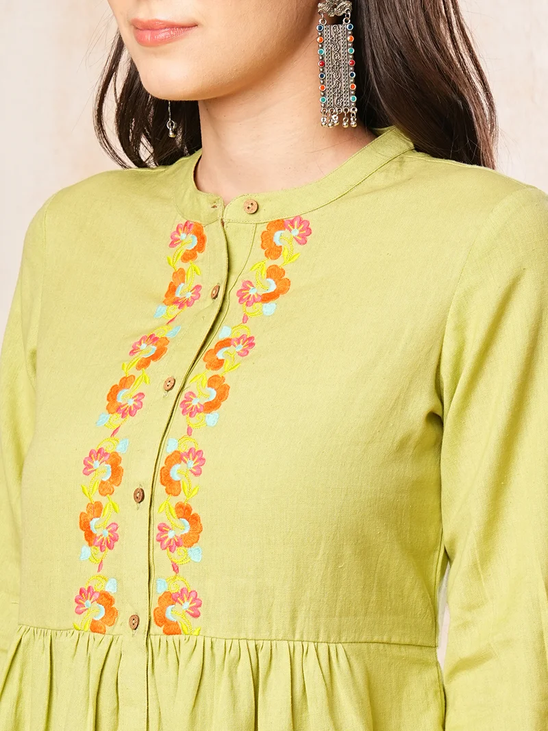 globus Women Green Mandarin Neck Embroidered Yoke Placket A-Line Dress