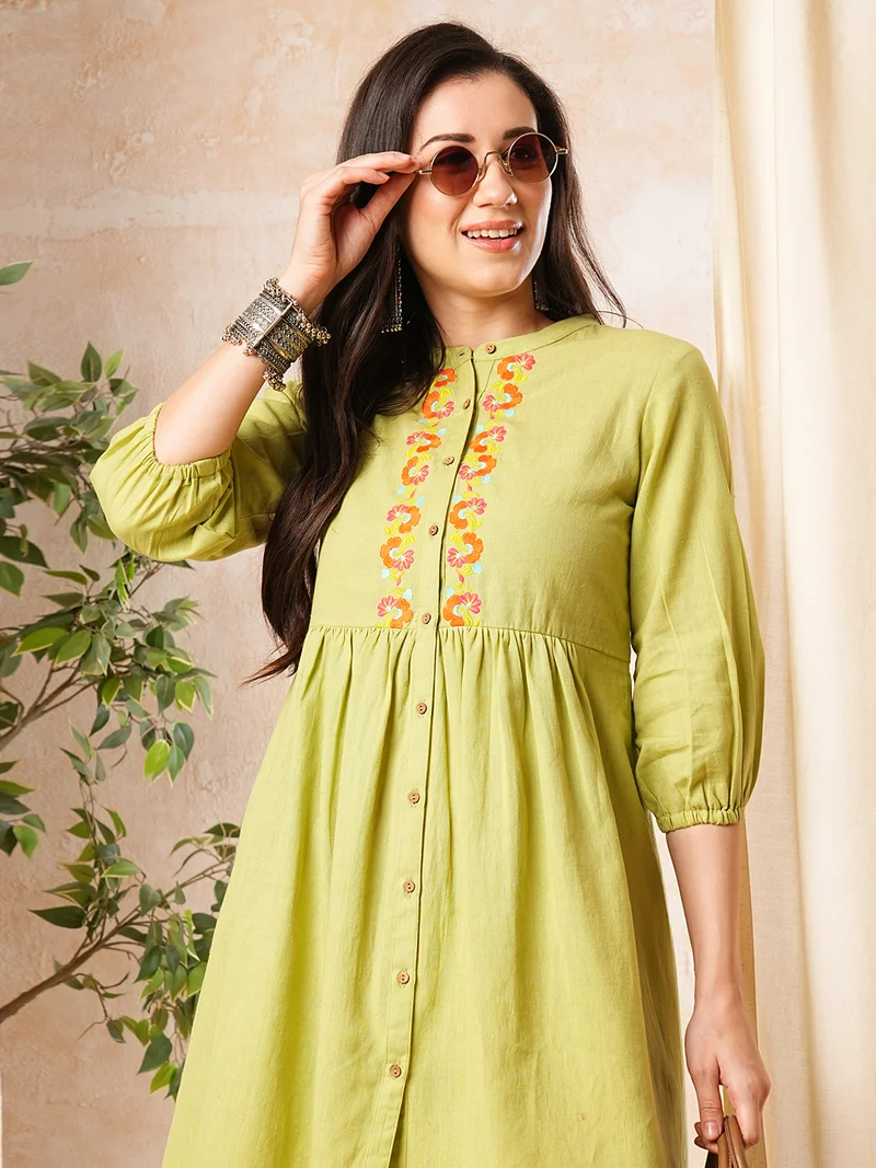 globus Women Green Mandarin Neck Embroidered Yoke Placket A-Line Dress