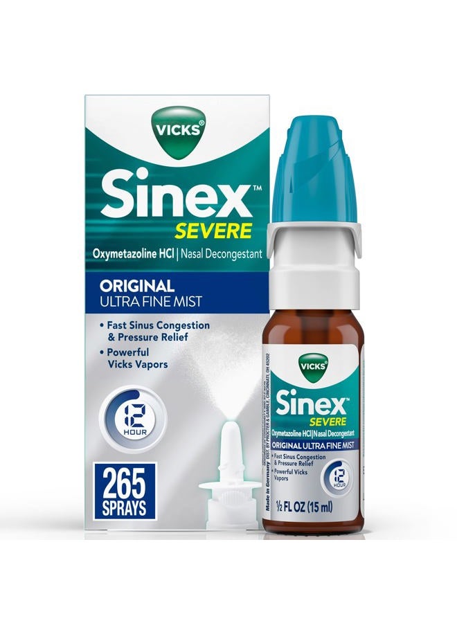 Vicks Sinex SEVERE Nasal Spray, Original Ultra Fine Mist, Decongestant Medicine, Relief from Stuffy Nose due to Cold or Allergy, & Nasal Congestion, Sinus Pressure Relief, 265 Sprays  - Image 1
