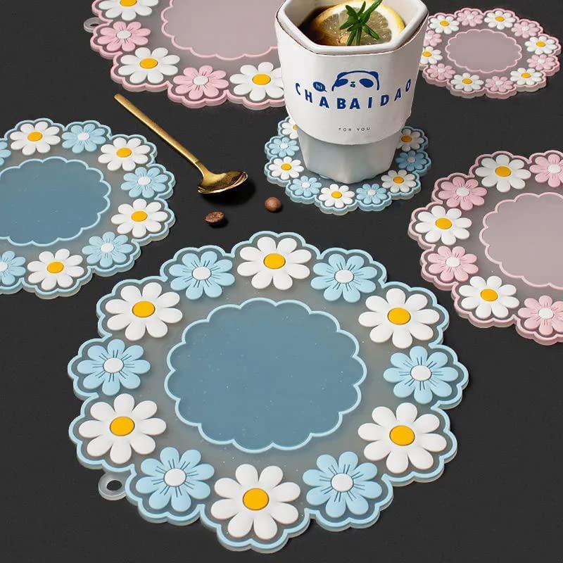 Turbid Silicone Coasters for Dining Table, Set of 3 15 * 15 CM Medium Round Pink Daisy Flower Design, Non-Slip, Heat Resistant Trivet Mats, Dining Table Pads for Hot Pots, Bowls, Dishes & Drink - Image 3
