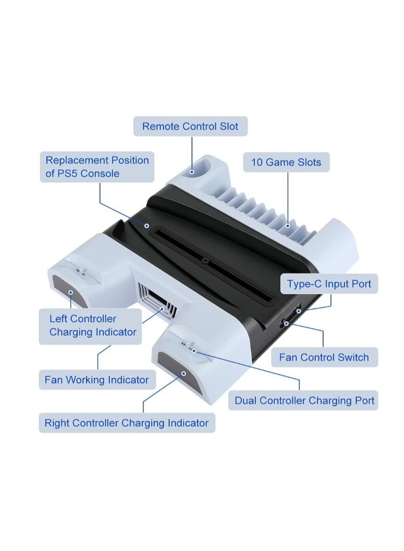 دوبي حامل PS5 مع مروحة ومحطة شحن وحدة تحكم PS5، حامل عمودي متعدد الوظائف لوحدة تحكم PS5 مع منظم لعشرة رفوف ألعاب، لإصدار Playstation 5 الرقمي وإصدار الأقراص - Image 2