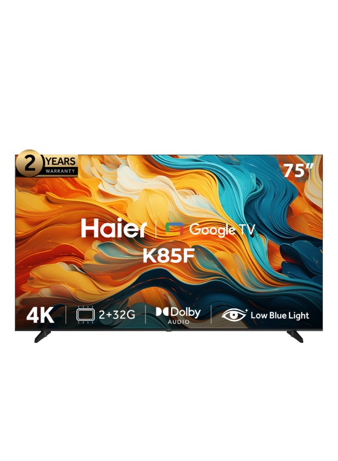 هاير تلفاز LED بحجم 75 بوصة، ذكي، 4K HDR10، 60 هرتز، صوت دولبي، جوجل TV - H75K85FUX - Image 1
