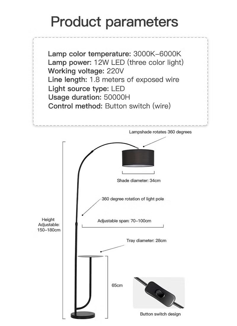 DIDA - Modern Arc Floor Lamp with Shelves,Rustic Floor Standing Lamps with 180°Rotatable,Marble Base,Standing Lamp for Reading Working for Living Room Bedroom Office 180x100 cm - Image 1