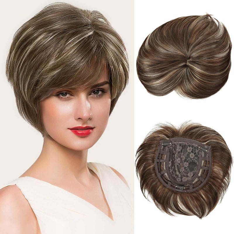 MIMAN Short Pixie Hair Toppers for Women Brown Mixed Blonde Fluffy Covering Hair Pieces with Bangs Pixie Topper for Thinning Hair Natural Looking Synthetic Hair Clip In Hairpieces