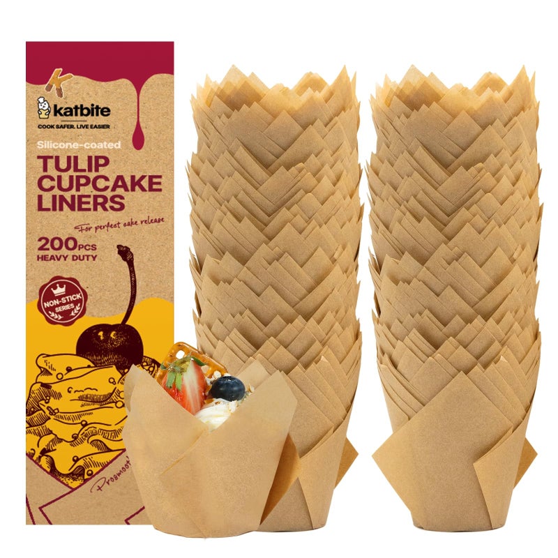 Katbite Tulip Cupcake Liners 200PCS, Muffin Baking Cups ProSmooth Brown - Image 1