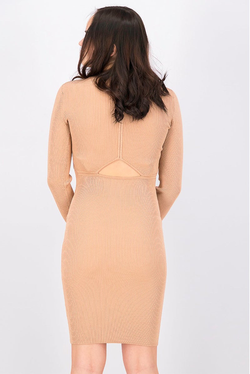 Marciano Women V-neck Textured Bodycon Dress, Tan - Image 3