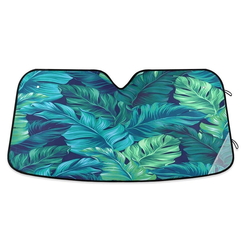 senya Car Windshield Sunshade Turquoise Tropical Leaves Pattern, Blocks Sun Visor Protector Foldable Sun Shield Keep Your Vehicle Cool, Fits Windshields of Most Sizes