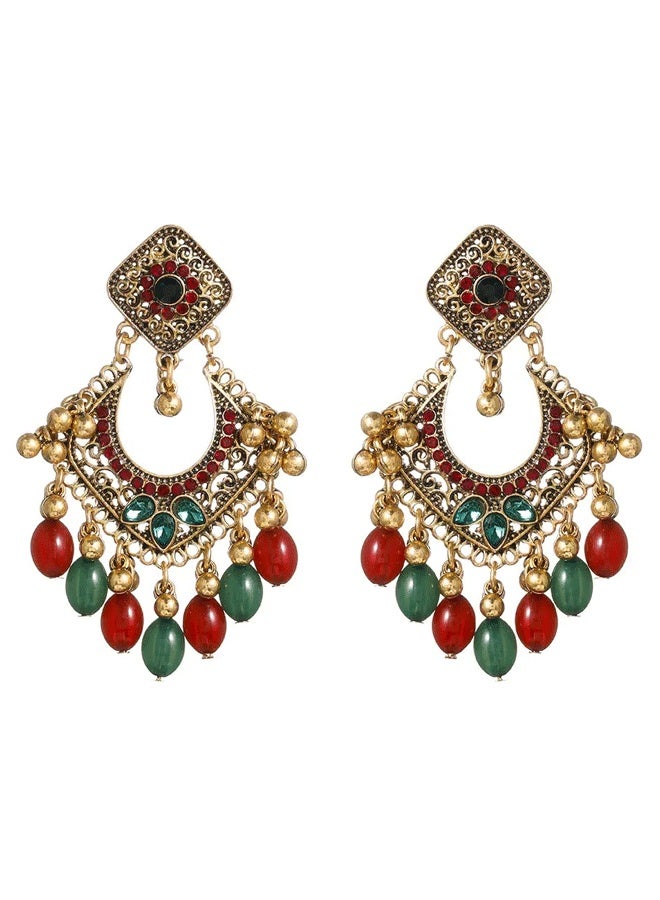 Indian Jhumka Earrings for Ladies - Ethnic Traditional Long Gold Plated Temple Jewelry (Red & Green) | Indian Ladies Ethnic Long Earrings - Image 4
