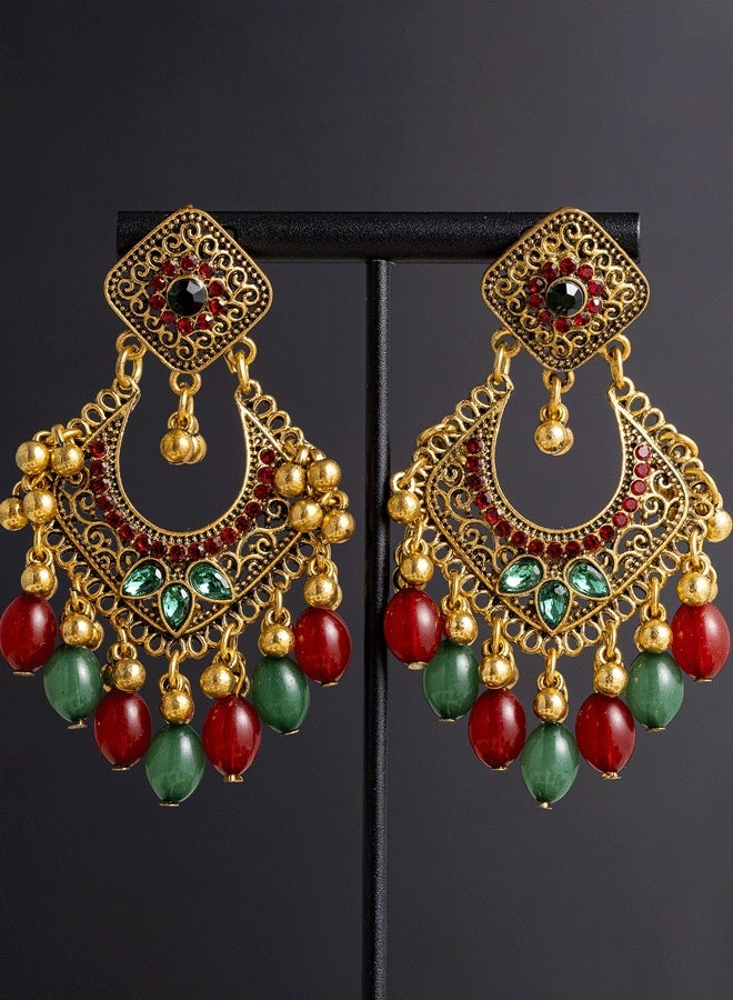 Indian Jhumka Earrings for Ladies - Ethnic Traditional Long Gold Plated Temple Jewelry (Red & Green) | Indian Ladies Ethnic Long Earrings - Image 3