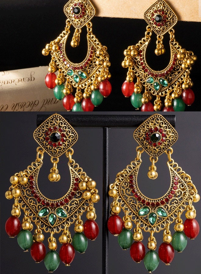 Indian Jhumka Earrings for Ladies - Ethnic Traditional Long Gold Plated Temple Jewelry (Red & Green) | Indian Ladies Ethnic Long Earrings - Image 1