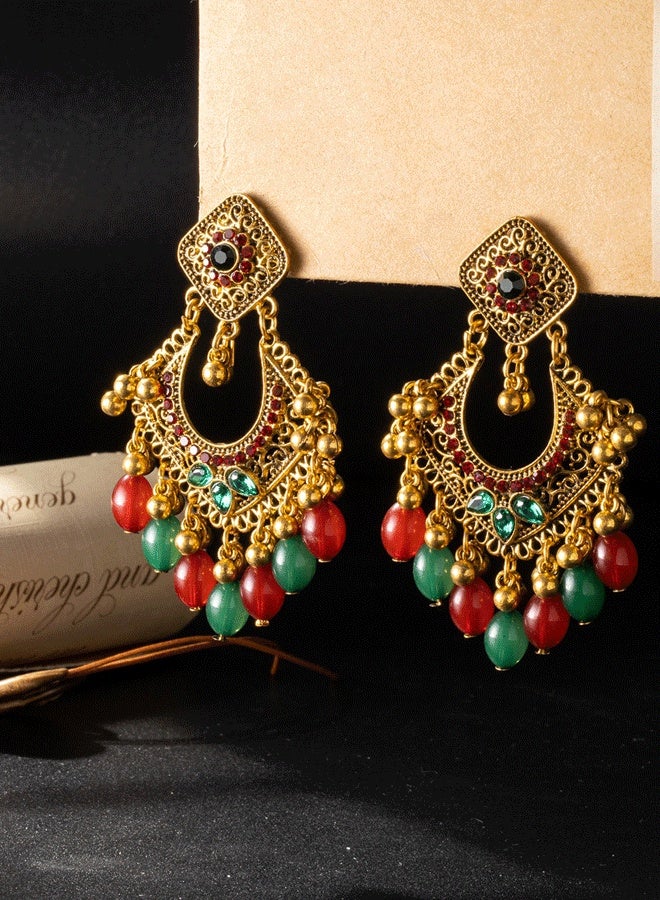 Indian Jhumka Earrings for Ladies - Ethnic Traditional Long Gold Plated Temple Jewelry (Red & Green) | Indian Ladies Ethnic Long Earrings - Image 2