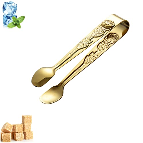 Saycker Mini Serving Tongs, 4Inch Rose Pattern Stainless Steel Sugar Cube Tongs, Sliver Small Ice Tongs for Tea and Coffee Party (Gold) - Image 1