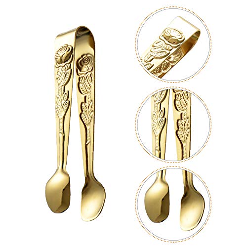 Saycker Mini Serving Tongs, 4Inch Rose Pattern Stainless Steel Sugar Cube Tongs, Sliver Small Ice Tongs for Tea and Coffee Party (Gold) - Image 2