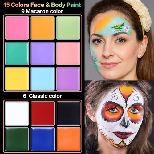 UCANBE Macaron Face Body Paint Set, 15 Colors Painting Palette Makeup Kit + 10pc Colorful Artist Brushes, Oil Base Paint Set for Halloween, Cosplay, Parties and SFX Costume - Image 3