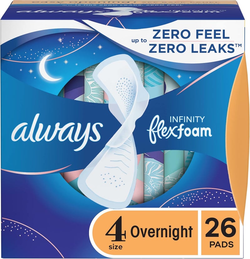 Always, Infinity With FlexFoam Pads For Women, Size 4, Overnight Absorbency With Wings, 26 Count