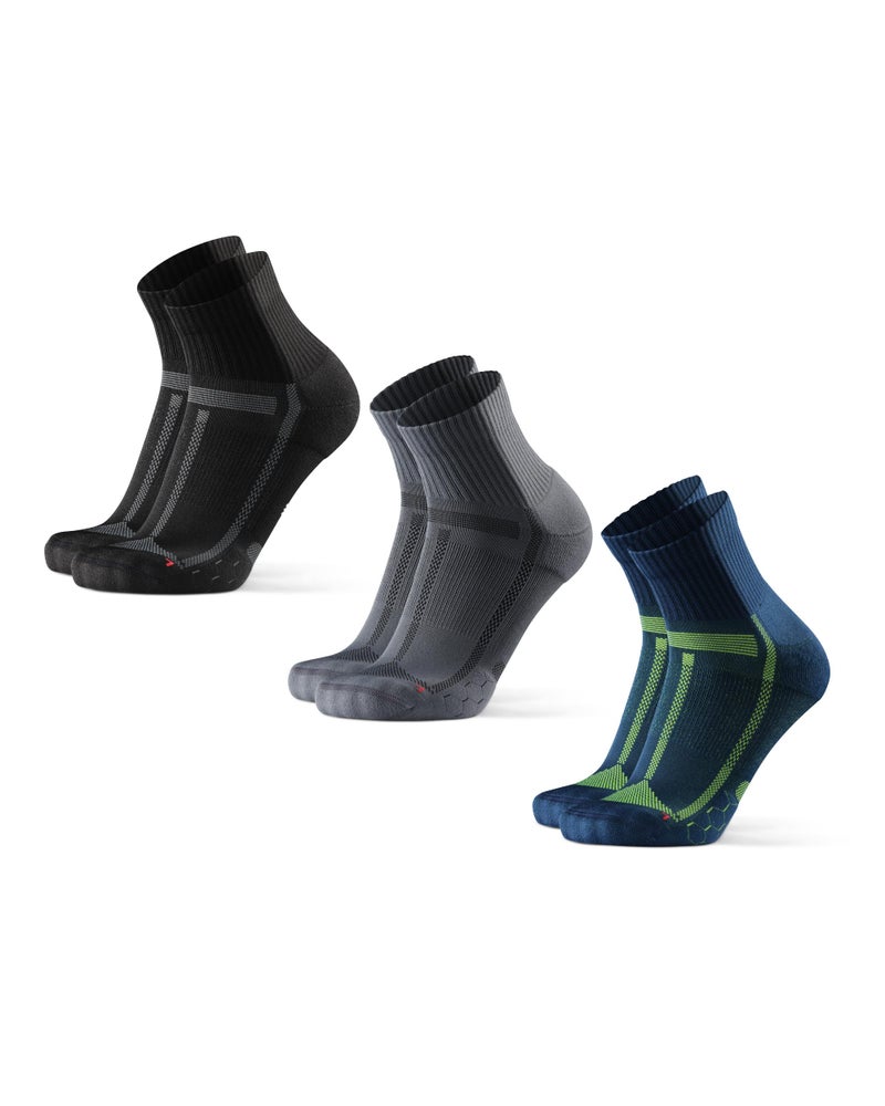 DANISH ENDURANCE 3 Pack Running Socks for Long Distances, Quarter, Men & Women, Multicolor (1 x Black/Grey, 1 x Blue/Yellow, 1 x Grey/Black), US Women 11-13 // US Men 9.5-12.5 - Image 1