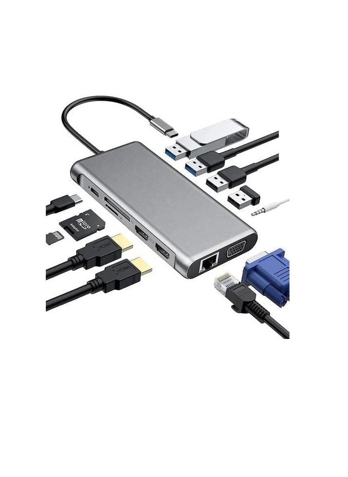 ماركة غير محددة موزع USB نوع سي 12 في 1 مع 2 منفذ 4K HDMI، VGA، 4 منافذ USB 3.0، USB نوع سي PD 3.0، منفذ إيثرنت RJ45، SD/TF، AUX 3.5 ملم، متوافق مع ماك بوك برو/أير والأجهزة من النوع سي  - Image 1