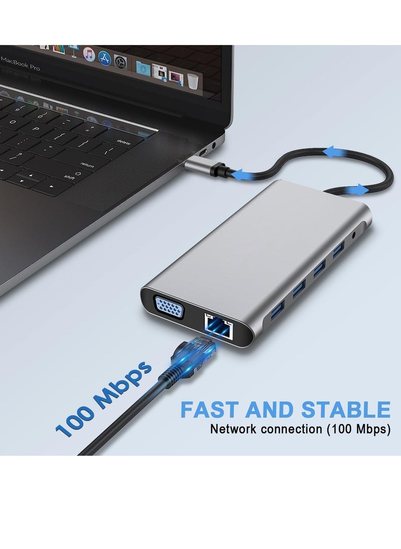 ماركة غير محددة موزع USB نوع سي 12 في 1 مع 2 منفذ 4K HDMI، VGA، 4 منافذ USB 3.0، USB نوع سي PD 3.0، منفذ إيثرنت RJ45، SD/TF، AUX 3.5 ملم، متوافق مع ماك بوك برو/أير والأجهزة من النوع سي  - Image 3
