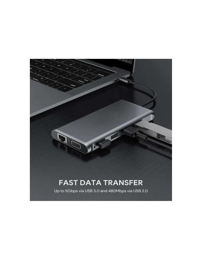 ماركة غير محددة موزع USB نوع سي 12 في 1 مع 2 منفذ 4K HDMI، VGA، 4 منافذ USB 3.0، USB نوع سي PD 3.0، منفذ إيثرنت RJ45، SD/TF، AUX 3.5 ملم، متوافق مع ماك بوك برو/أير والأجهزة من النوع سي  - Image 4